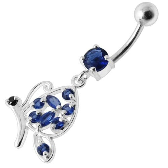 Fancy Butterfly Jeweled Silver Dangling Belly Ring