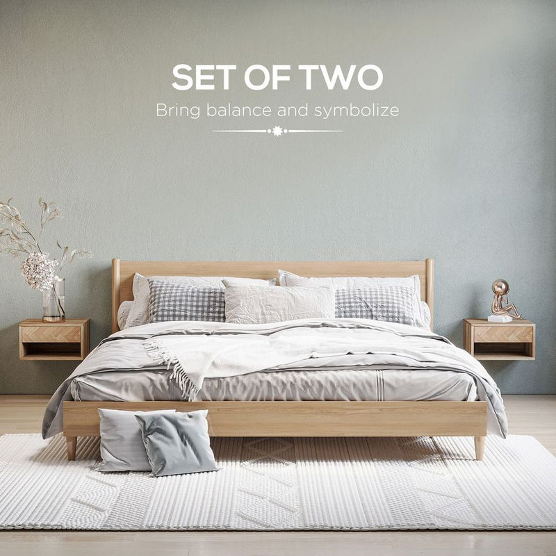 HOMCOM Floating Bedside Table Set of 2 Wall Mounted Nightstand W/ Drawer Natural
