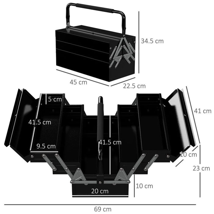 DURHAND 3 Tier Metal Toolbox with 5 Tray Carry Handle 45cmx22.5cmx34.5cm Black