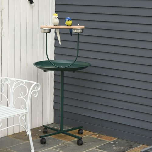 PawHut Bird Perch Stand, T-Stand Bird Training with Perch, Wheels, Bowls, Green
