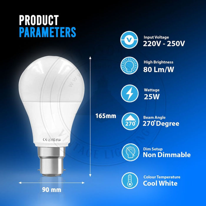 25W B22 Screw LED Light GLS  bulbs, Energy Saving Edison  Cool White 6000K non dimmable lights