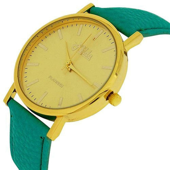 Relda Women Analogue Gold Dial & Green Leather Strap Watch