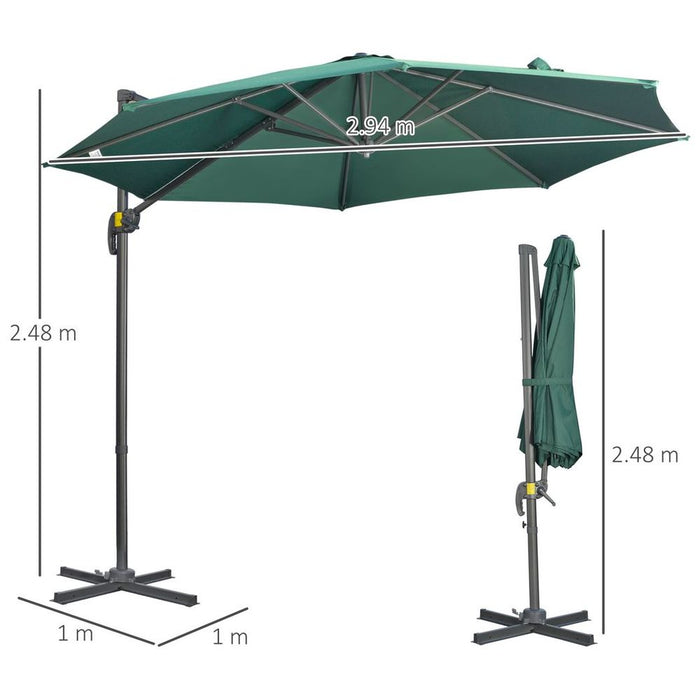 Premium 3x3m Cantilever Parasol Umbrella - Green. Sturdy, Adjustable, Easy to Use with Cross Base.