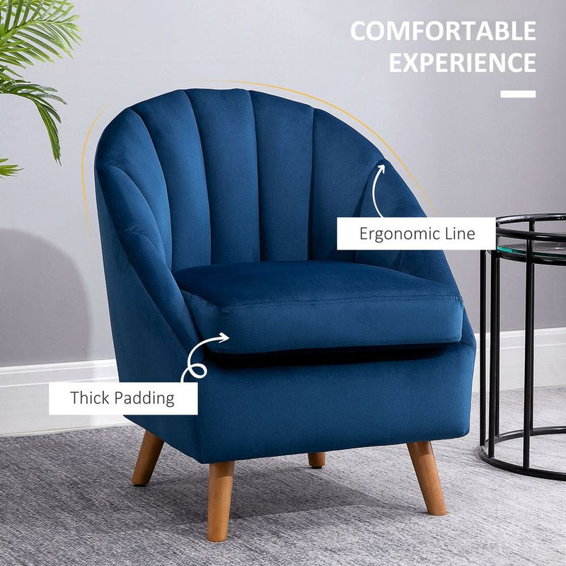 HOMCOM Velvet Fabric Single Sofa Accent Chair Solid Wood Leg Upholstered Blue