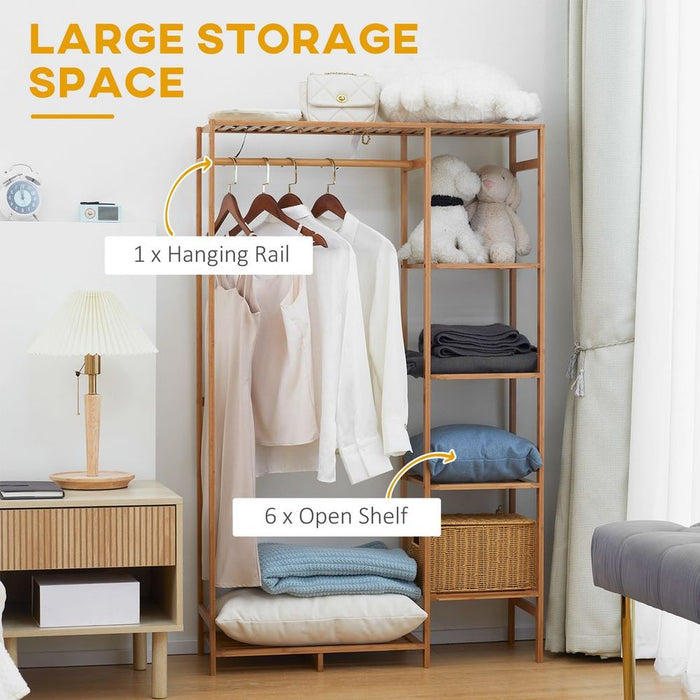 Bamboo Clothes Rail Garment Rack - High Quality 6 Tier Shelf Hanging Rod for Organized Storage