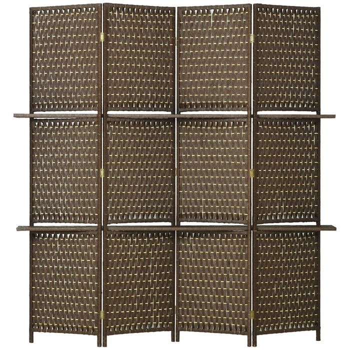 4-Panel Folding Wall Divider Room w/ Shelves, Privacy Screen Panels, Brown