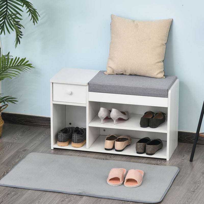 HOMCOM Multi-Storage Shoe Bench w/Drawer 3 Compartments Cushioned Home Organisation Furniture Tidy Boots Hallway Entryway White