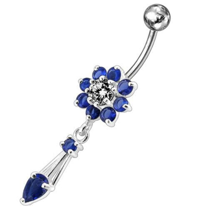 Jeweled Fancy Flower Dangling SS Banana Bar Navel Ring