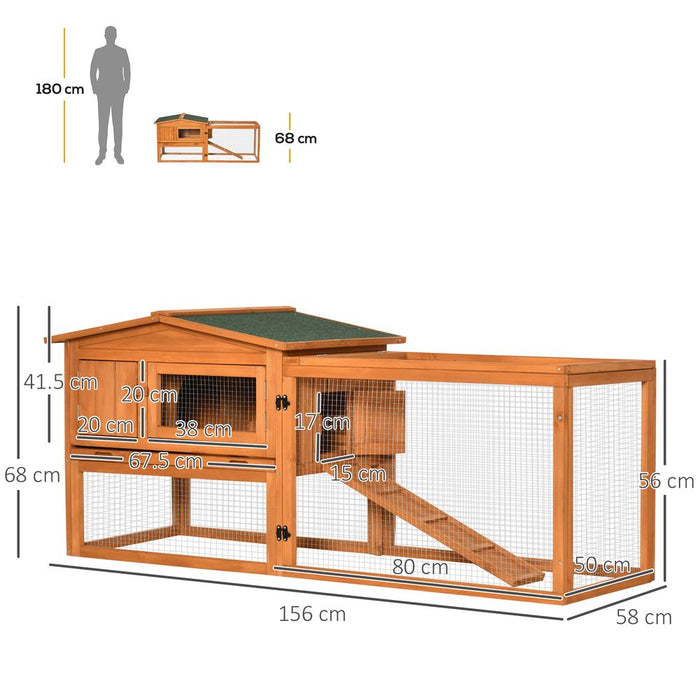 PawHut Rabbit Hutch with Run Wooden Guinea Pig Hutch Outdoor Bunny Cage Hide House with Sliding Tray, Hay Rack, Ramp, 156 x 58 x 68cm, Orange