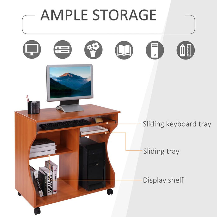 Portable Computer Desk with Storage Shelf | Wheels | Cherry Wood