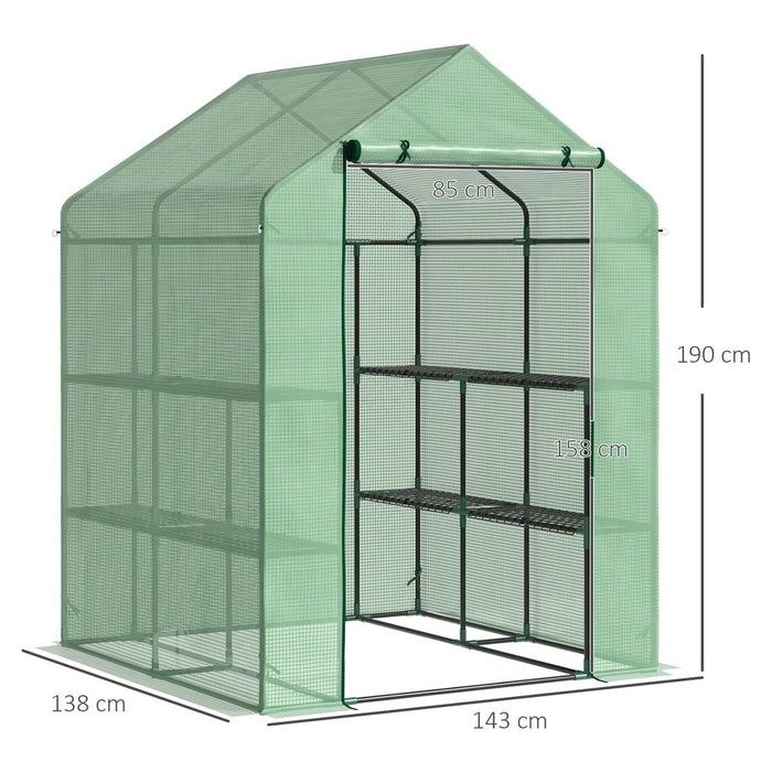 Outsunny Walk in Garden Greenhouse with Shelves Polytunnel Steeple Green house Grow House Removable Cover 143x138x190cm, Green