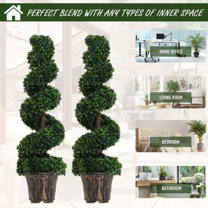 Set of 2 Artificial Boxwood Spiral Topiary Plant Trees - Green