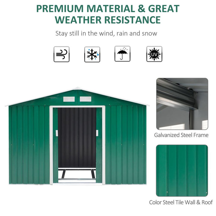 High-Quality Green Metal Garden Shed - 9x6ft Storage Container w/ Door & Roof - Buy Now!