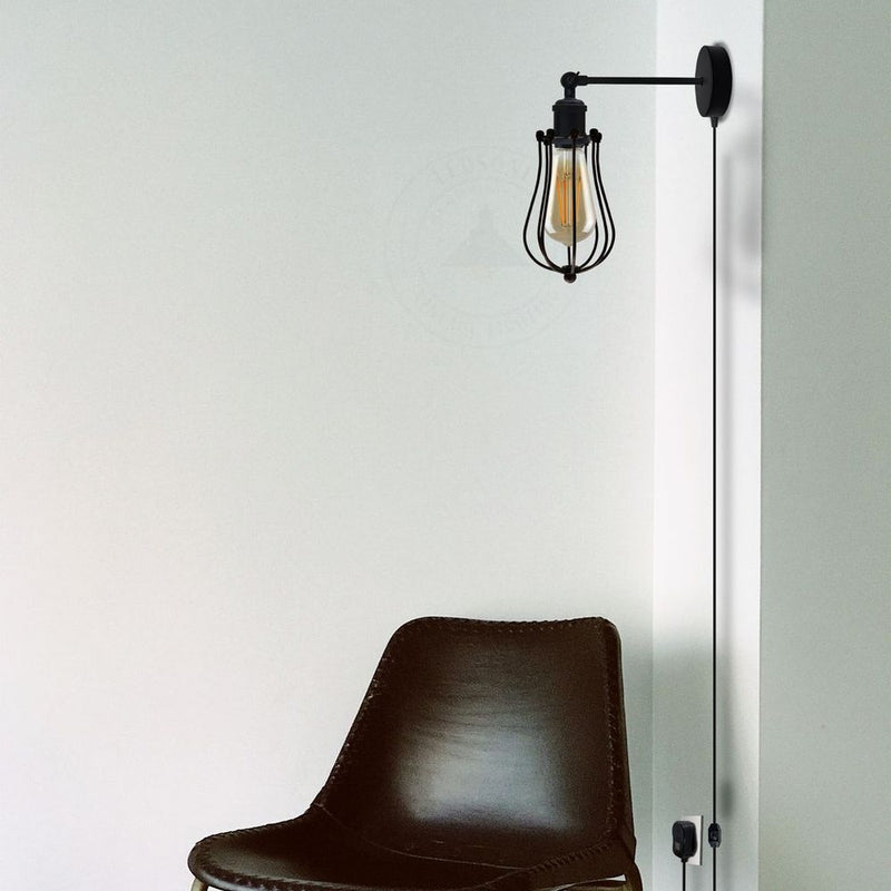 Black Vintage Industrial Light Plug in Wire cage E27 Wall Lamp~5059