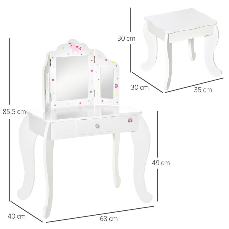 HOMCOM Kids Vanity Table & Stool Girls Dressing Set Make Up Desk Chair Dresser Play Set with Rotatable Mirrors Drawer Star & Heart Pattern White E