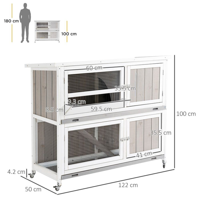 PawHut 2-Tier Double Decker Rabbit/Guinea Pig Hutch Wooden Bunny Cages with Sliding Tray, Ramp and Wheel, Cover - (Grey)