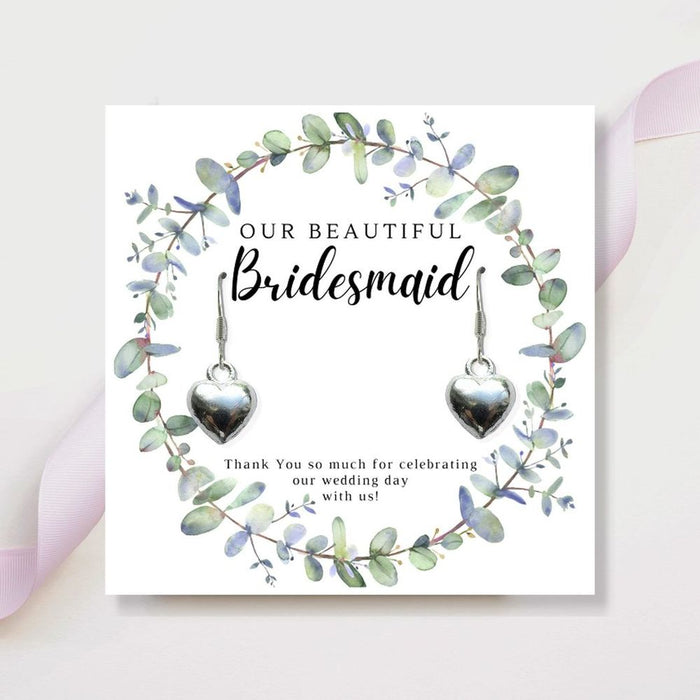 Bridesmaids Heart Earrings & Eucalyptus Thank You Card