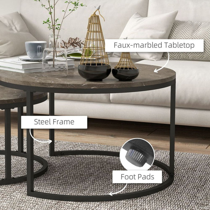 Premium HOMCOM 2-Pc Stacking Coffee Table Set: Steel Frame, Marble-Effect, Foot Pads