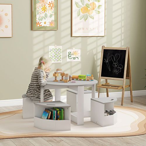 AIYAPLAY 5-Piece Kids Table and Chairs Set w/ Storage for 3-8 Years Old-Grey