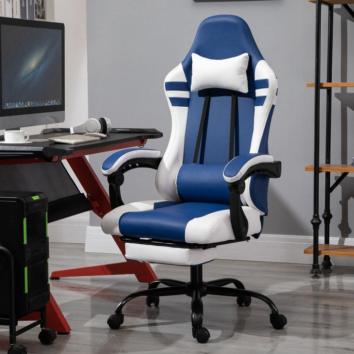 Premium PU Leather Gaming Office Chair - Ergonomic, Reclining Back, Footrest - Red/ Blue