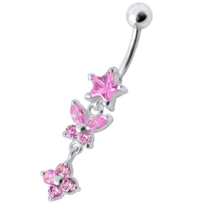 Fancy  Multi Flower Jeweled Dangling Navel Ring