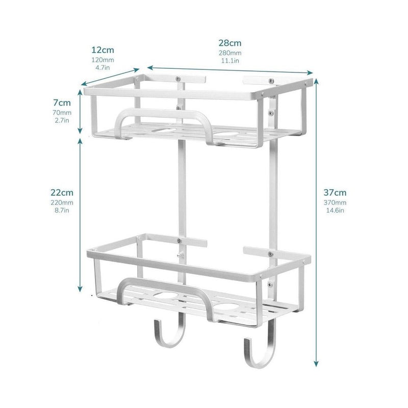 Self Adhesive 2 Tier Aluminium Shower Caddy with Bottom Hooks