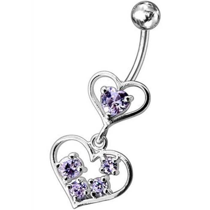 Fancy Jeweled Heart Dangling SS Bar Body Belly Ring