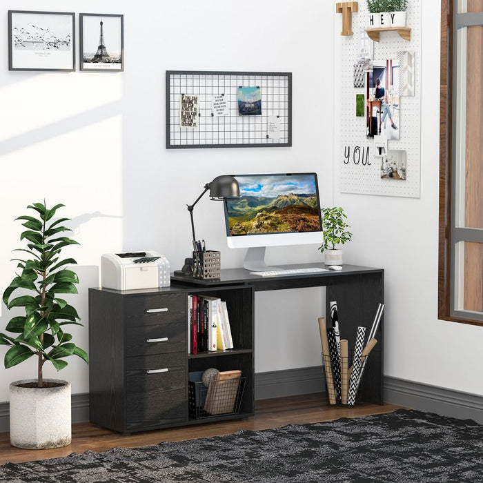 L Shape Computer Desk Workstation Home Office Drawer Shelf File Cabinet-Black