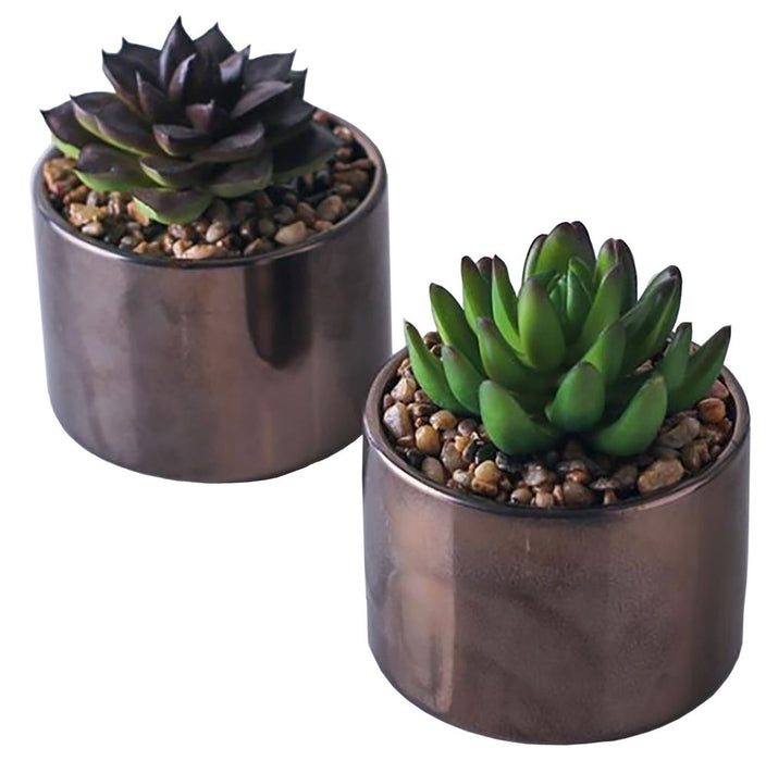 13cm Set of Two Mini Bronze Ceramic Planters with Artificial Succulent Plants