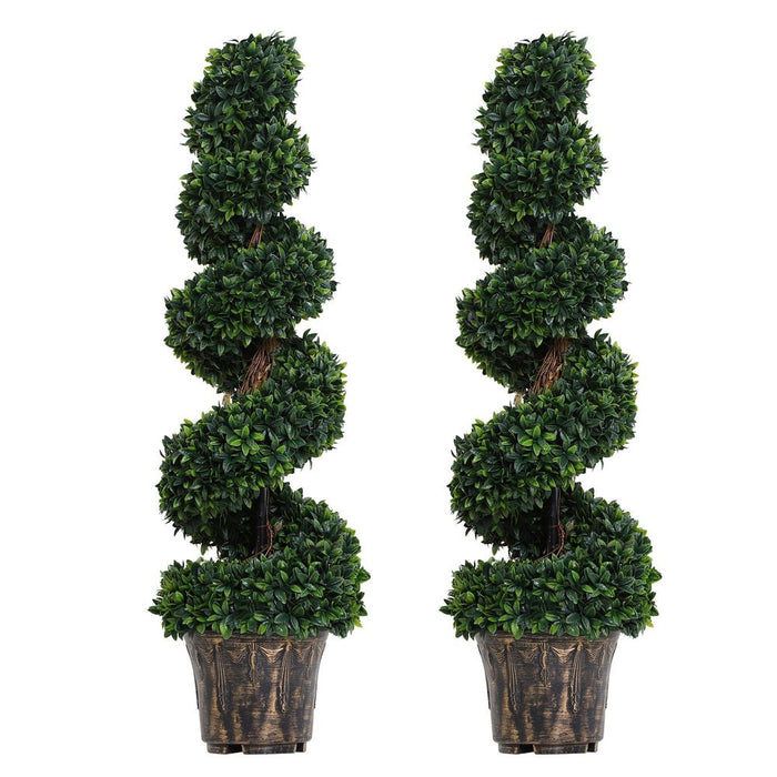 Set of 2 Artificial Boxwood Spiral Topiary Plant Trees - Green