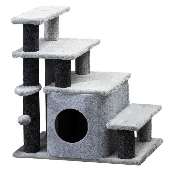 PawHut Dog Steps for Bed 4 Step Pet Stairs Cat House with Detachable Cover, Cat ladder for Sofa w/Hanging Balls - Grey