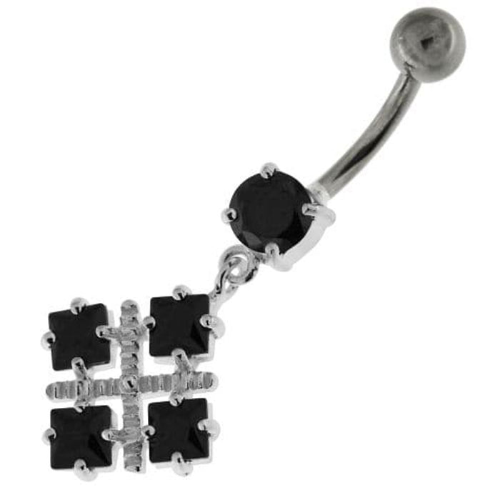 Four Square Jeweled Sterling Silver Navel Bar