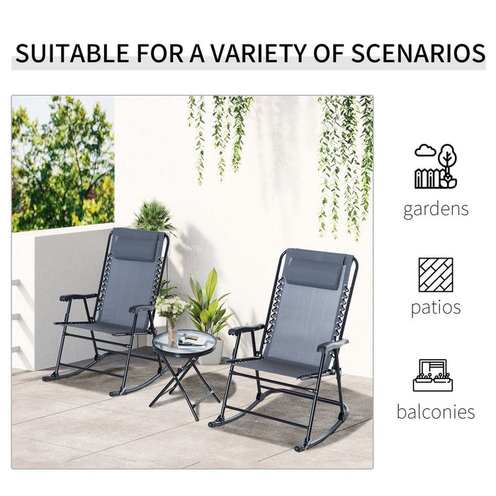 3 Piece Rocking Bistro Set, 2 Folding Chairs & 1 Tempered Glass Table, Grey