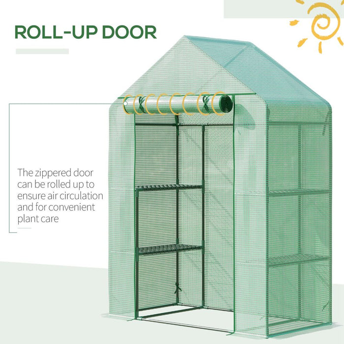 Portable Walk-In Greenhouse: 2-Tier Shelf, Roll-Up Door, PE Cover, 141x72x191cm, Green