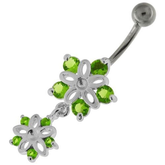 Jeweled Twin Flowers Sterling Silver Belly Button Ring