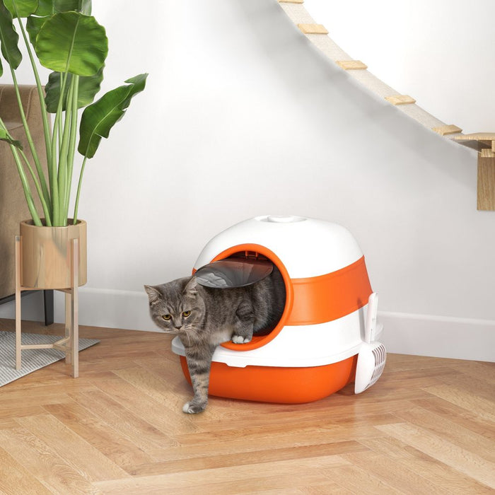 PawHut Foldable Cat Litter Tray Hooded Cat Litter Box w/ High Side, Orange