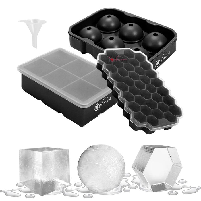 VINSANI 3 PACK SILICONE ICE TRAYS - Long Lasting, Stackable, Food-Grade Safety Material, Quick Release, Easy to Clean - Perfect for Whiskey, Cocktails, Tea, Coffee, Milk, Champagne, Brandy