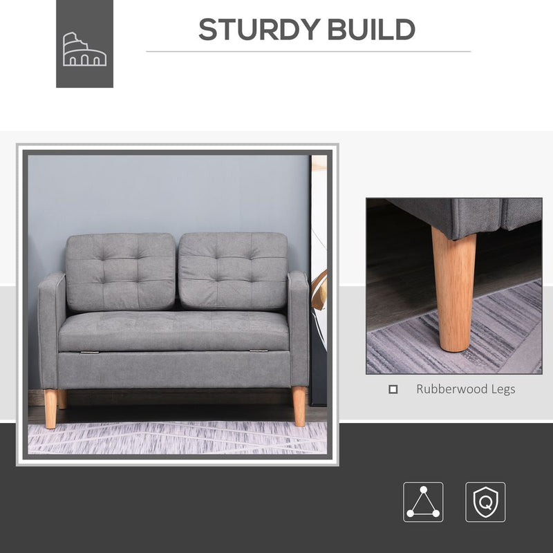 HOMCOM Compact Loveseat Sofa - 2 Seater with Storage & Wood Legs in Grey