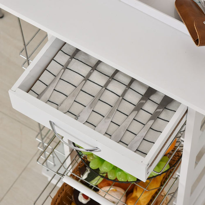 Compact White Kitchen Island Trolley - Multifunctional Storage Cart with Metal Baskets & Wheels