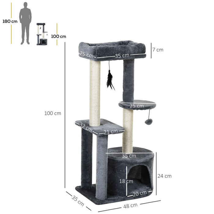 PawHut 100cm Cat Tree for Indoor Cats, Cat Tower Condo for Kittens with Cat House Sisal Scratching Posts, Hanging Ball Toys, Perches - Grey