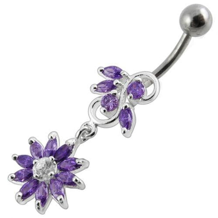 Fancy White Stone Jeweled Flower Dangling Navel Ring