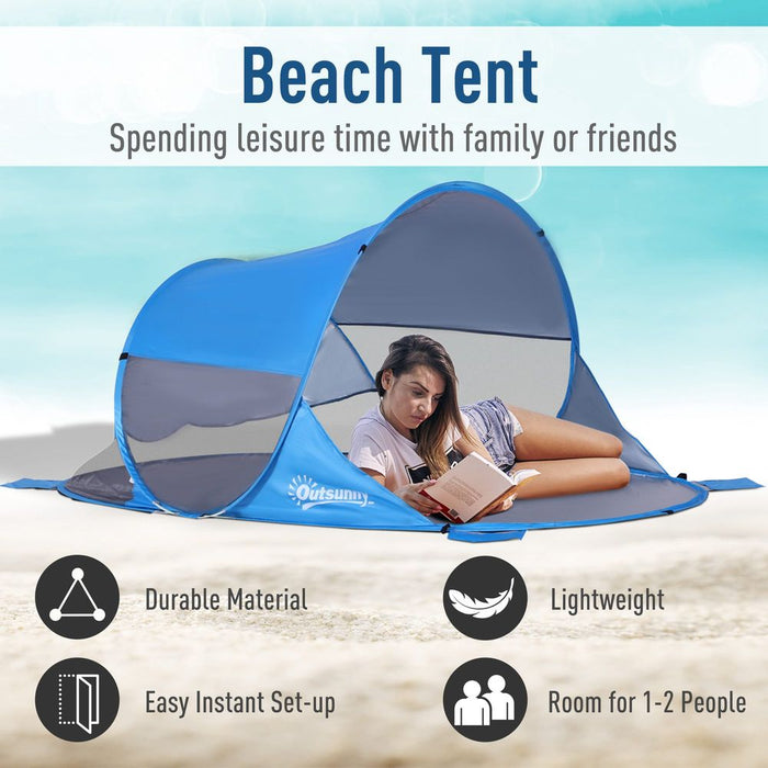 Outsunny 1-2 Person Pop up Beach Tent Hiking UV 30+ Protection Patio Sun Shade Shelter Portable Automatic - Blue