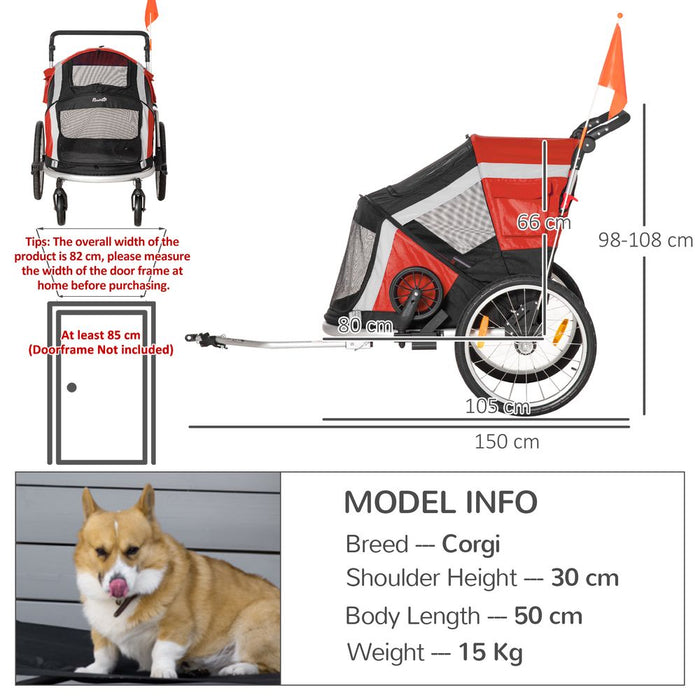 Versatile Dog Bicycle Trailer & Stroller with Safety Features - Red Pawhut