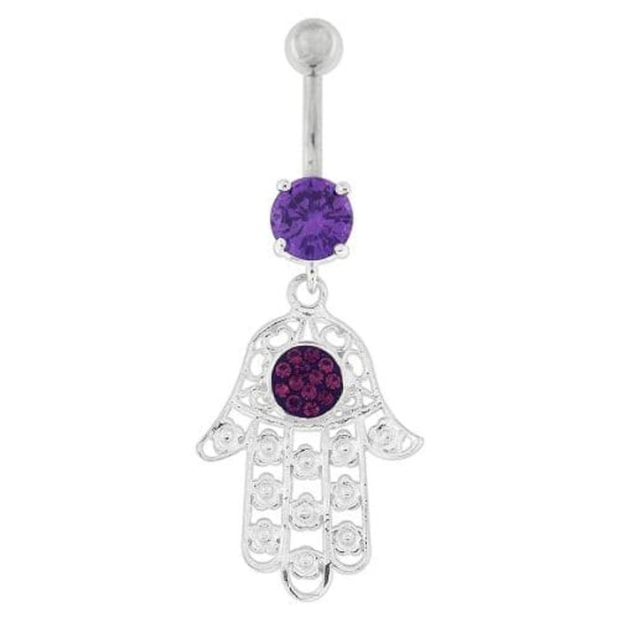 Hamsa Hand with Flowers Dangling Belly Button Ring