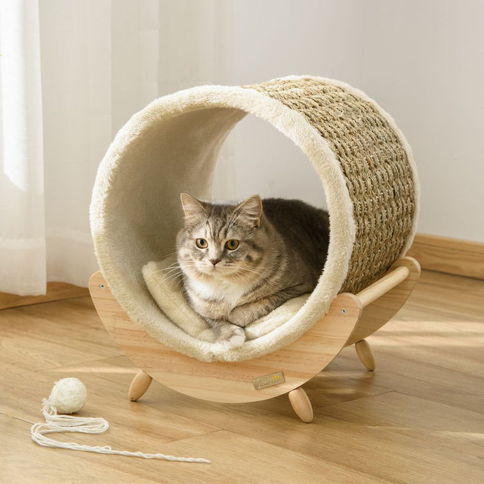 PawHut Raised Cat House Kitten Bed Pet Shelter Wrapped with Scratcher Soft Cushion, 41 x 38 x 43 cm, Beige