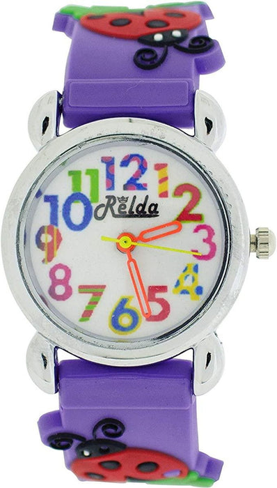 Relda Children's Big Number Analog Ladybird On Purple Silicone Strap Girl's Watch REL105