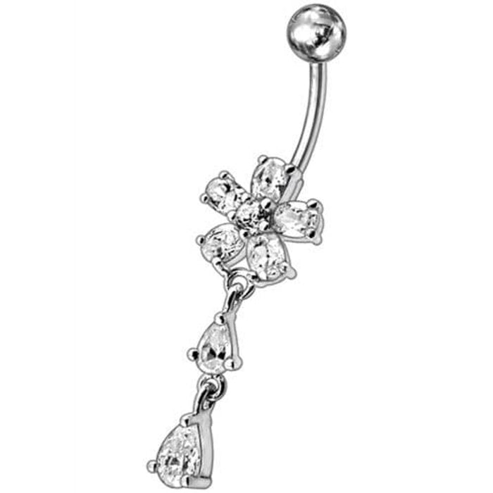 Fancy Jeweled Flower With Silver Dangling SS Bar Navel Ring