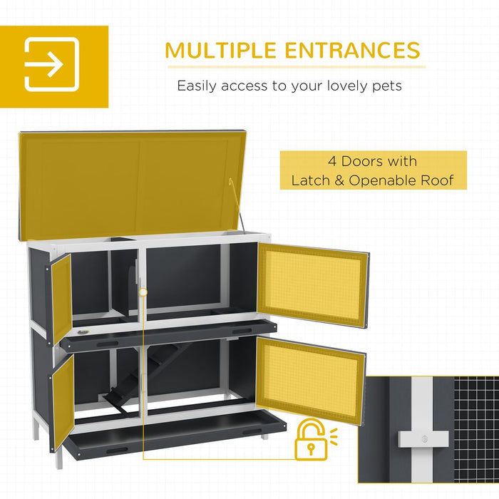 PawHut Double Decker Rabbit Hutch Bunny Cage, Grey - Outdoor Pet House with Tray - High Quality, Easy Access, Durable Design