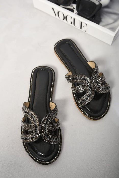 Fatima Embellished Open Toe Flat Sandals - Glamour meets comfort, perfect for any occasion!