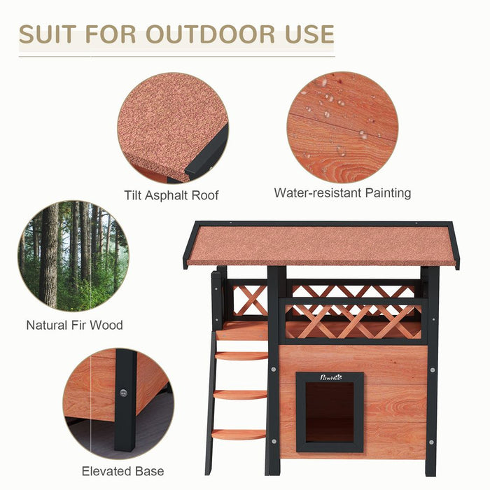 PawHut Outdoor Cat House with Balcony Stairs Roof Brown